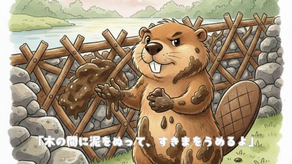 「木の間に泥をぬって、すきまをうめるよ」
