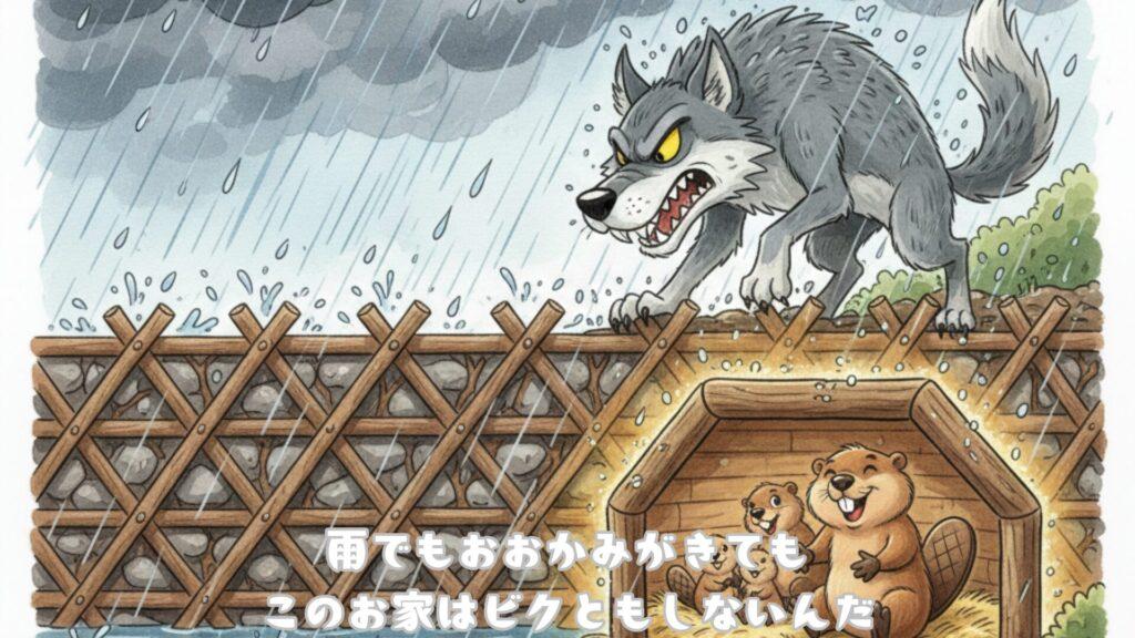 雨でもおおかみがきても
このお家はビクともしないんだ