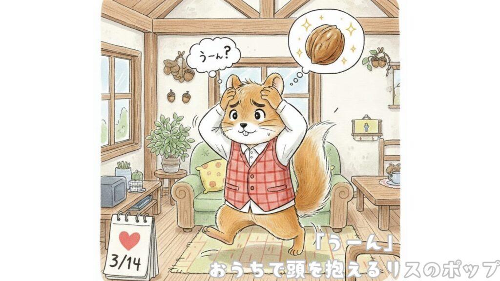 「うーん」
おうちで頭を抱えるリスのポップ