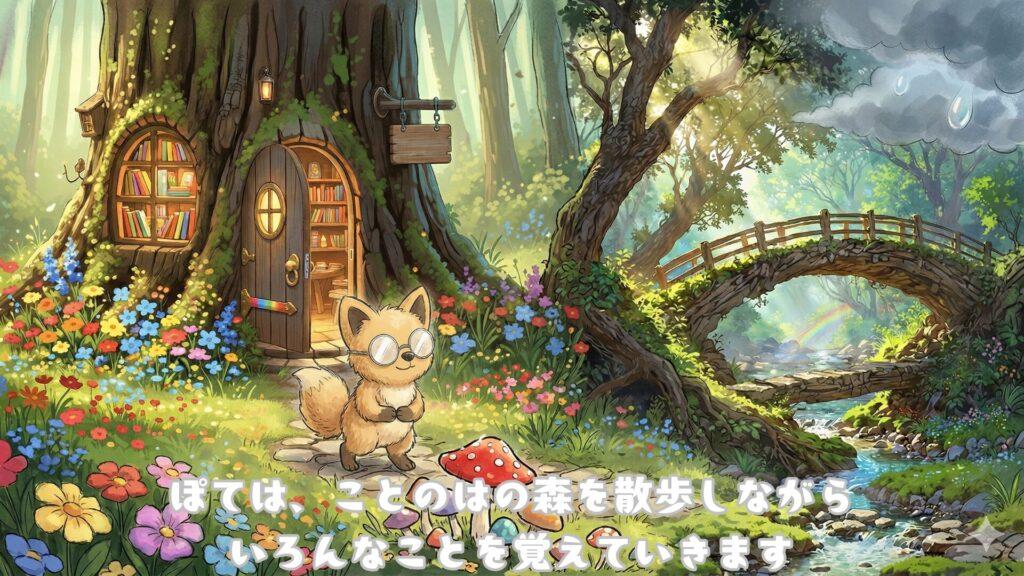 ぽては、ことのはの森を散歩しながらいろんなことを覚えていきます
