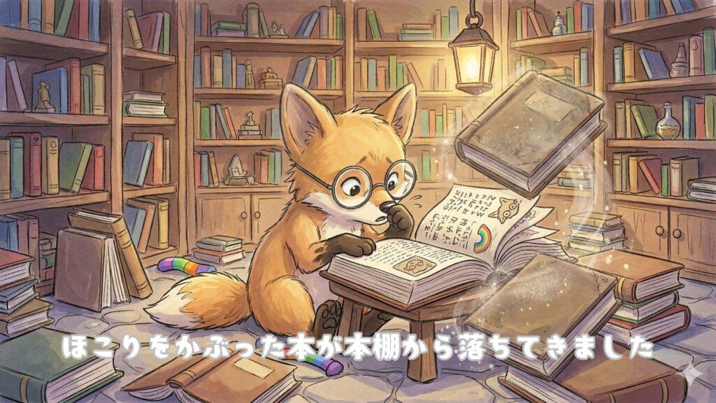 ほこりをかぶった本が本棚からおちてきました