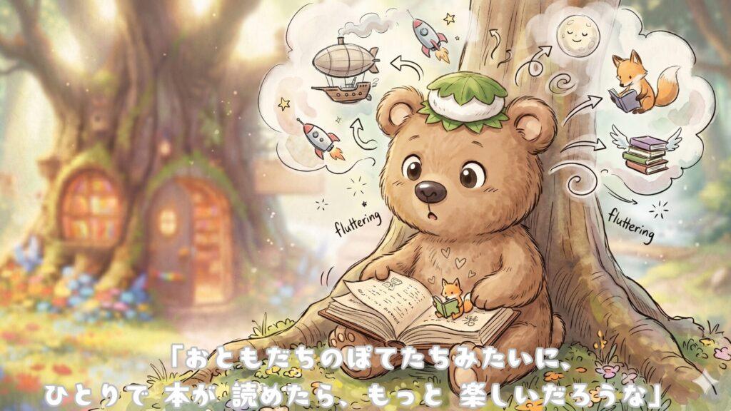 「おともだちのぽてたちみたいに、ひとりで 本が 読めたら、もっと 楽しいだろうな」 