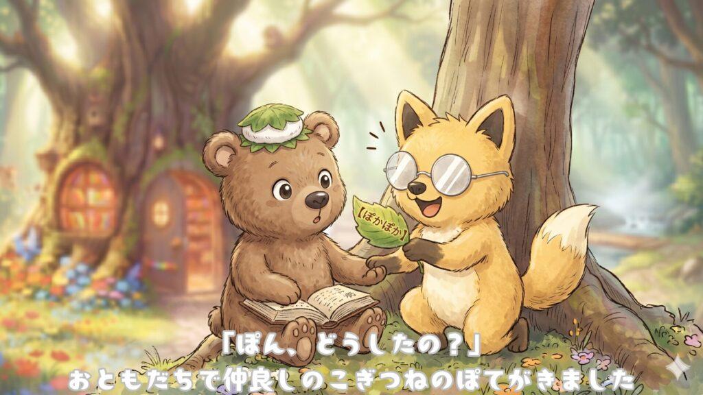 「ぽん、どうしたの？」
おともだちで仲良しのこぎつねのぽてがきました