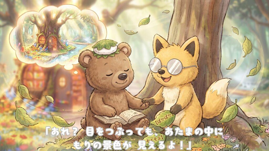「あれ？ 目をつぶっても、あたまの中に もりの景色が 見えるよ！」