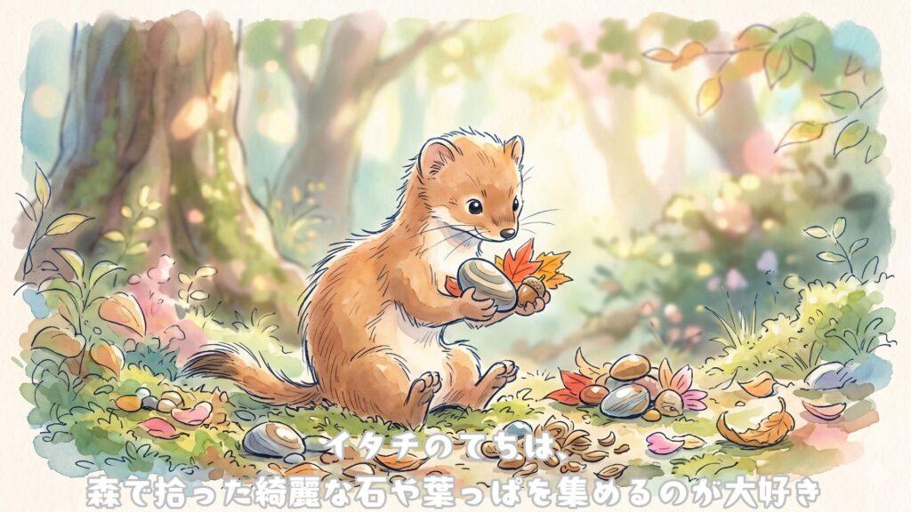 イタチのてちは、
森で拾った綺麗な石や葉っぱを集めるのが大好き
