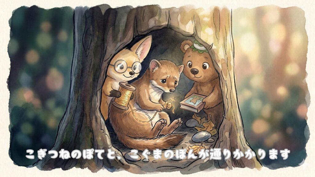 こぎつねのぽてと、こぐまのぽんが通りかかります
