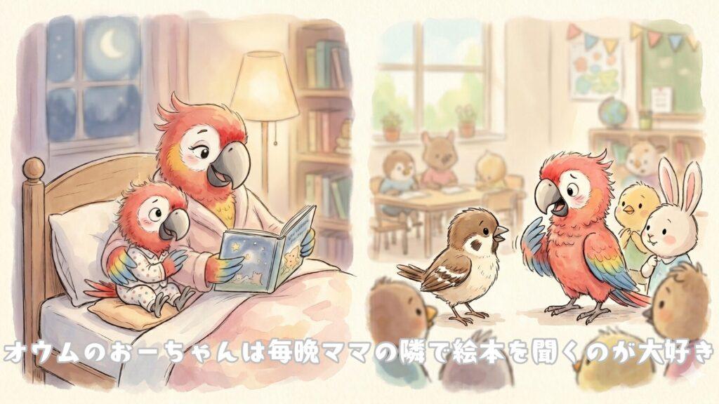オウムのおーちゃんは毎晩ママの隣で絵本を聞くのが大好き