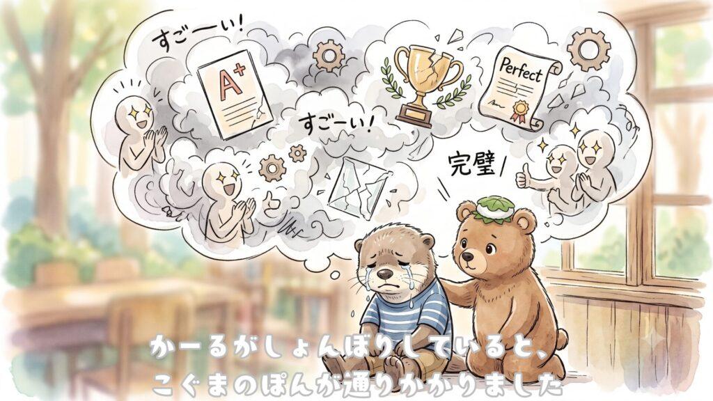 かーるはしょんぼりしていると、こぐまのぽんが通りかかりました