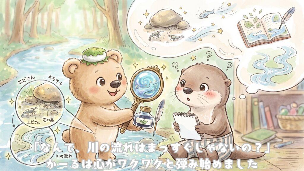 「なんで、川の流れはまっすぐじゃないの？」かーるは心がワクワクと弾み始めました
