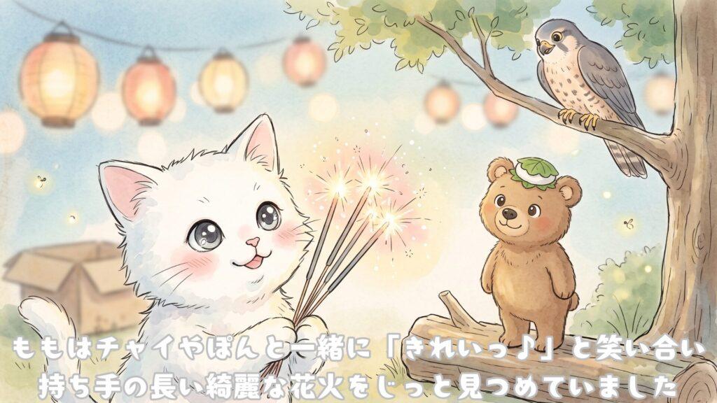 ももはチャイやぽんと一緒委にきれい🎵と笑いあい、持ち手の長い綺麗な花火をじっと見つめていました
