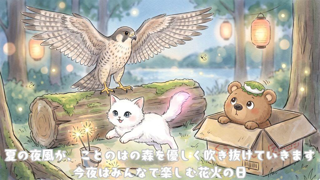 夏の夜風が、ことのはの森を優しく吹き抜けていきます。今夜はみんなで楽しむ花火の日