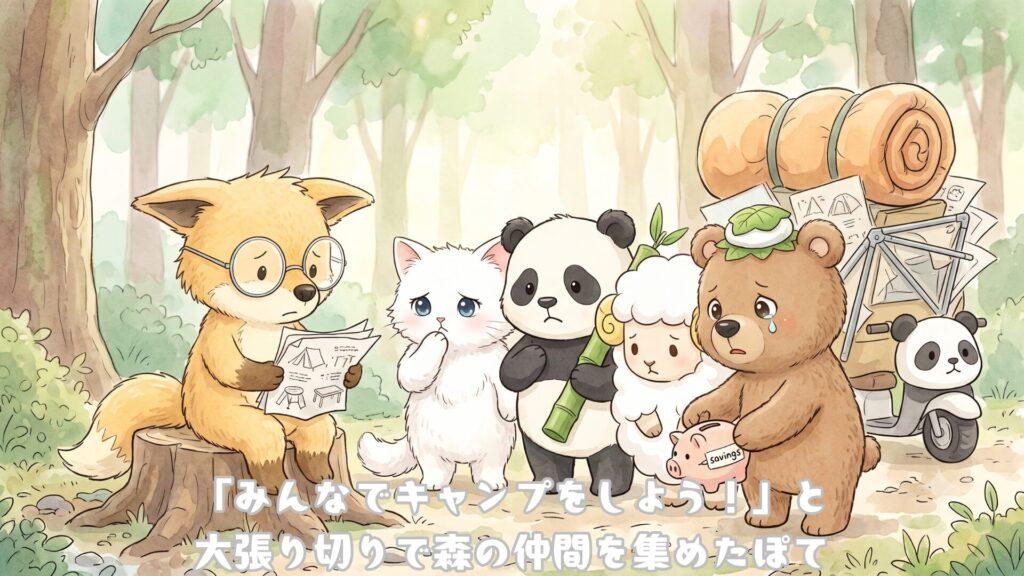 みんなでキャンプしよう！と大張り切りで森の仲間を集めたぽて