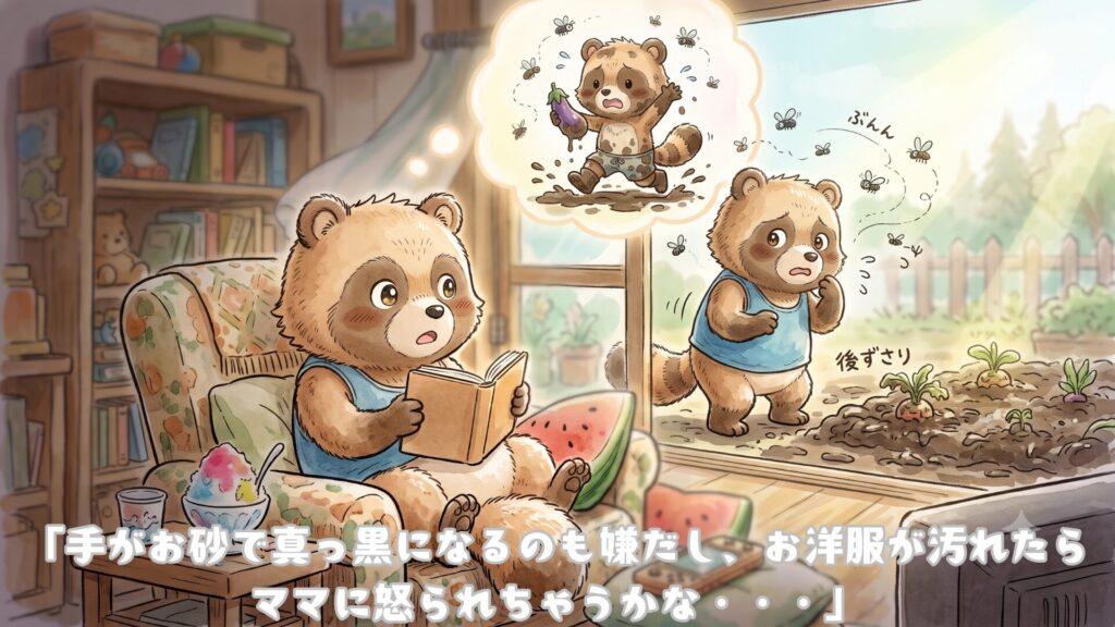 「手がお砂で真っ黒になるのも嫌だし、お洋服が汚れたらママに怒られちゃうかな……」