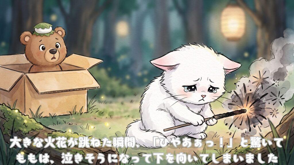 大きな火花がはねた瞬間「ひゃああ！」と驚いてももは泣きそうになって下を向いてしまいました