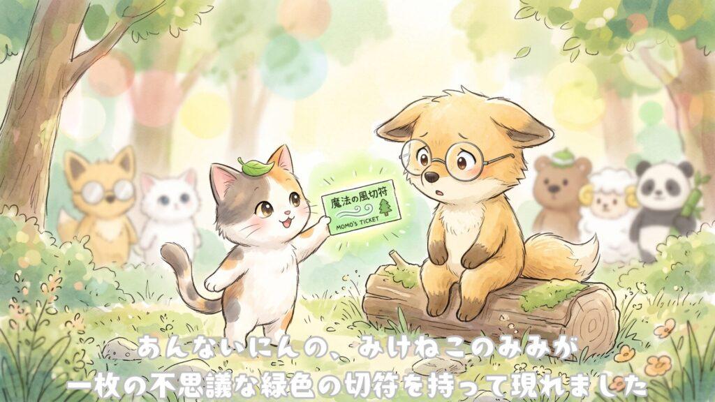 あんないにんの、みけねこのみみが一枚の不思議な緑色の切符をもって現れました