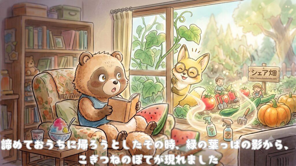 諦めておうちに帰ろうとしたその時、緑の葉っぱの影から、こぎつねのぽてが現れました