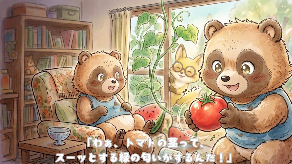 「わあ、トマトの茎ってスーッと緑の匂いがするんだ！」