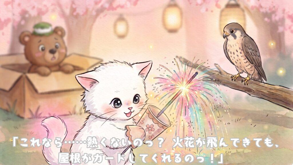 「これなら・・熱くないの？火花がとんできても屋根がガードしてくれるのっ！」