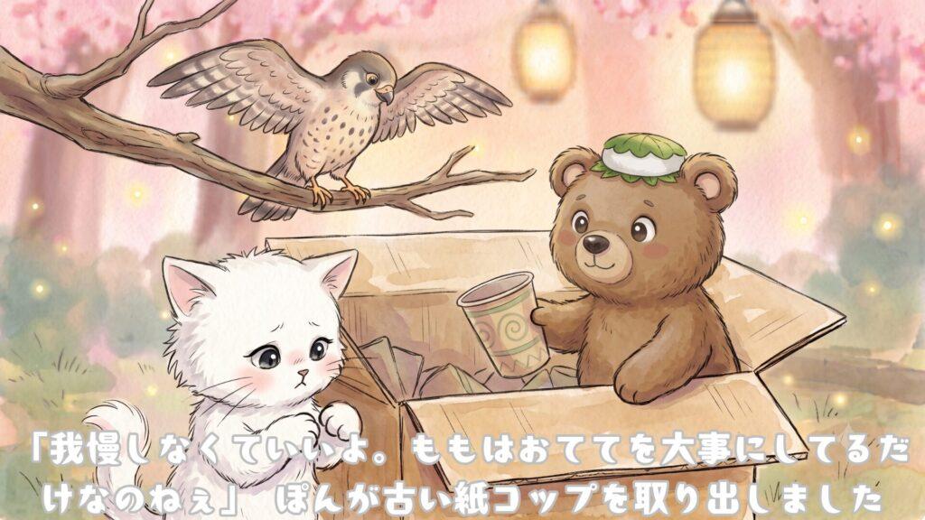 「我慢しなくていいよ。ももはお手てを大事にしてるだけなのねぇ」ぽんが古い紙コップを取り出しました