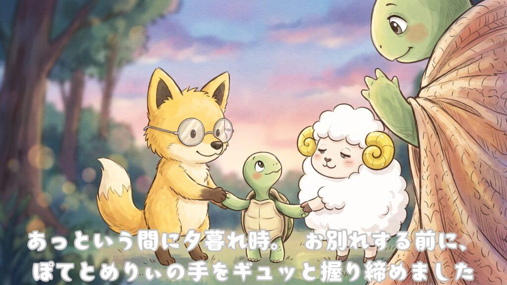 あっという間に夕暮れ時。 お別れする前に、
ぽてとめりぃの手をギュッと握り締めました