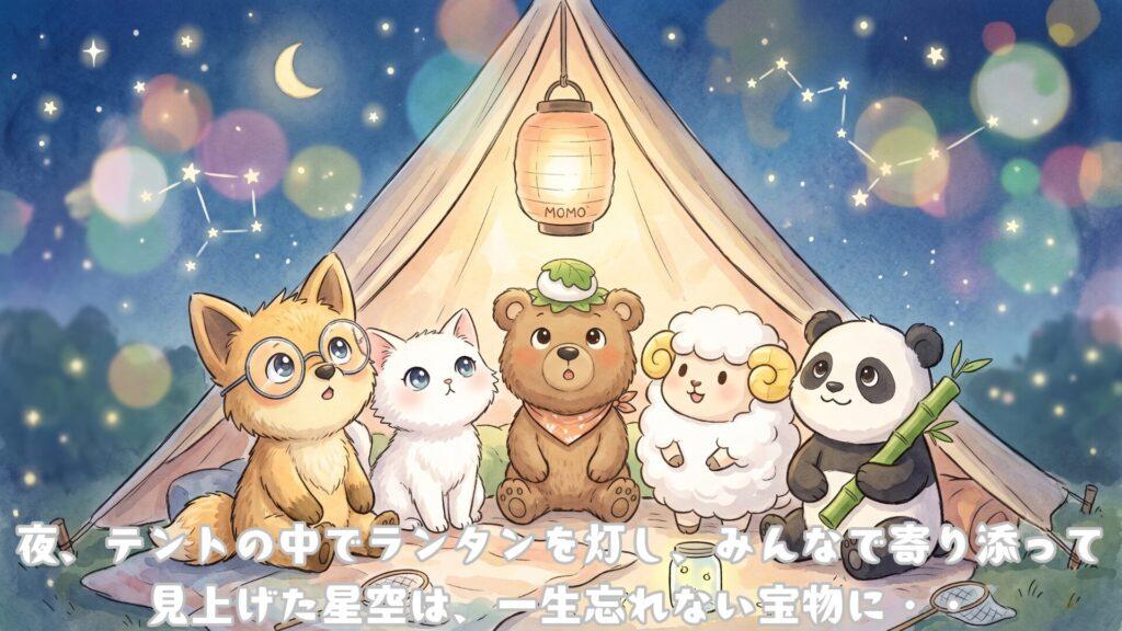 夜、テントの中でランタンを灯し、みんなでよりそって見上げた星空は一生忘れない宝物に・・