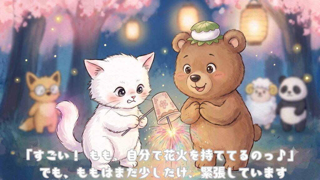 「すごい！ももは自分で花火をもててるのっ」でもももはまだ少しだけ緊張しています