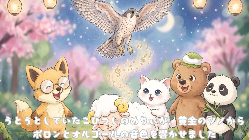 うとうとしていたこひつじのめりぃが黄金のツノからポロンとオルゴールの音色を響かせました