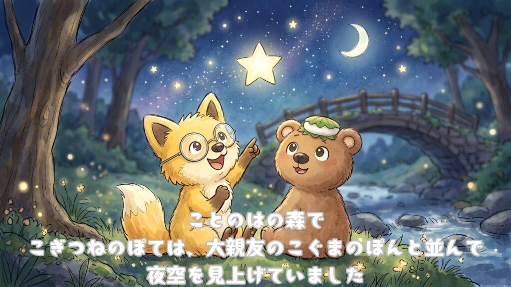 ことのはの森でこぎつねのぽては、大親友のこぐまのぽんと並んで夜空を見上げていました