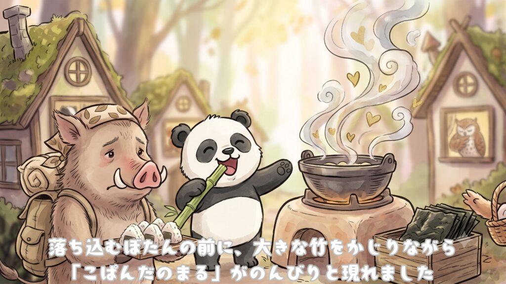 落ち込むぼたんの前に、大きな竹をかじりながら「こぱんだのまる」がのんびりと現れました