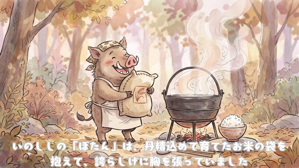 いのししの「ぼたん」は、丹精込めて育てたお米の袋を抱えて、誇らしげに胸を張っていました