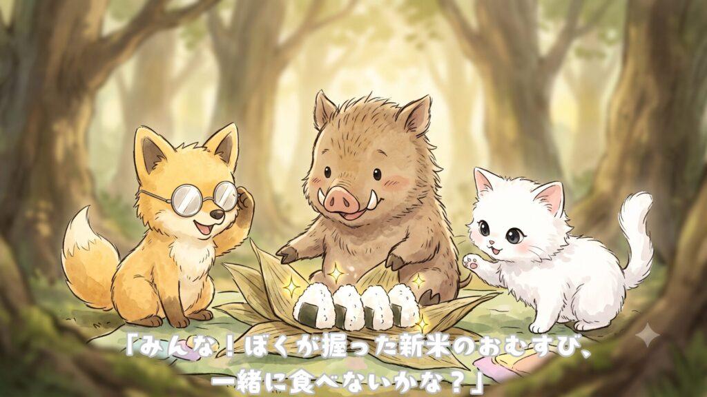 「みんな!ぼくが握った新米のおむすび、一緒に食べないかな?」