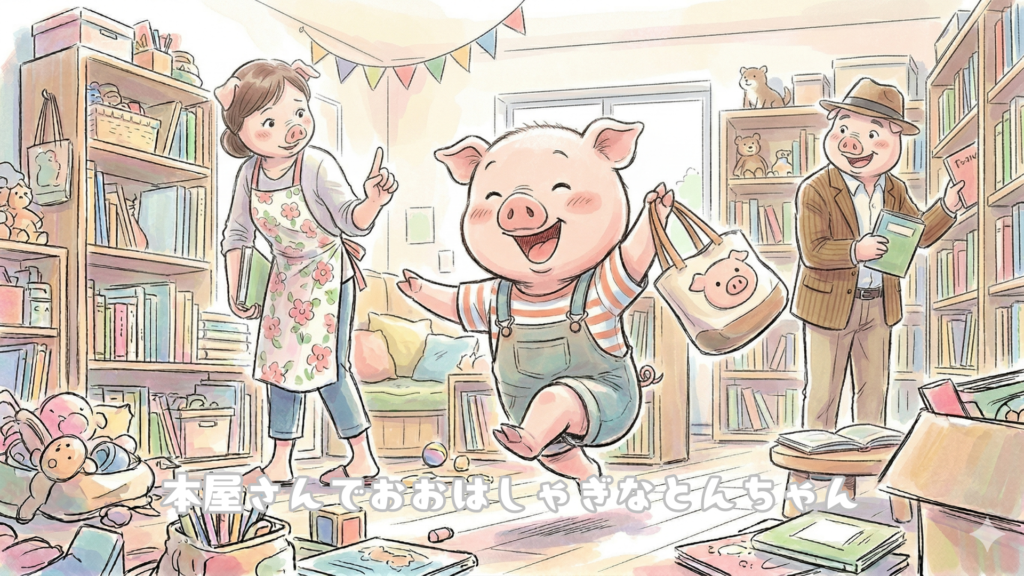 本屋さんでおおはしゃぎなとんちゃん