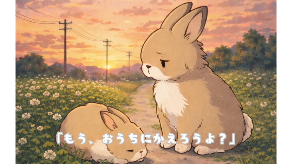 「もう、おうちにかえろうよ?」
うさぎのママのミミは空の色を見て小さくため息をつきました
ゆうごはんの支度まであとすこし・・
でも息子のポポはうごきません
毎日通る、いつもの道
ミミにとっては、ただの歩く道
「ポポ、帰ったらおいしいにんじんゼリーたべよう」