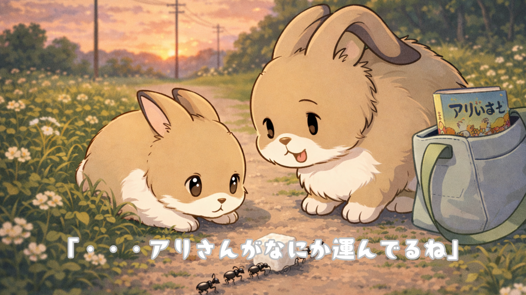 地面をじっとみつめているポポ
その視線の先には、小さくてうごいてるものがありました
ミミはやく帰りたい気持ちを抑え、よいしょと座り込みます
「・・・アリさんがなにか運んでるね」
ポポは明るい表情でミミを見ました
「ママぁ！自分より大きいお砂糖はこんでるよぉ」