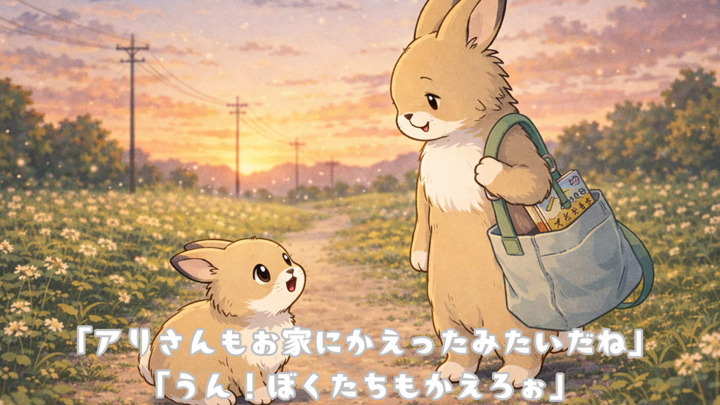 「アリさんもお家にかえったみたいだね」
「うん!ぼくたちもかえろぉ」
立ち上がったミミの心は穏やかでした
「帰ったら一緒ににんじんゼリーたべようね」