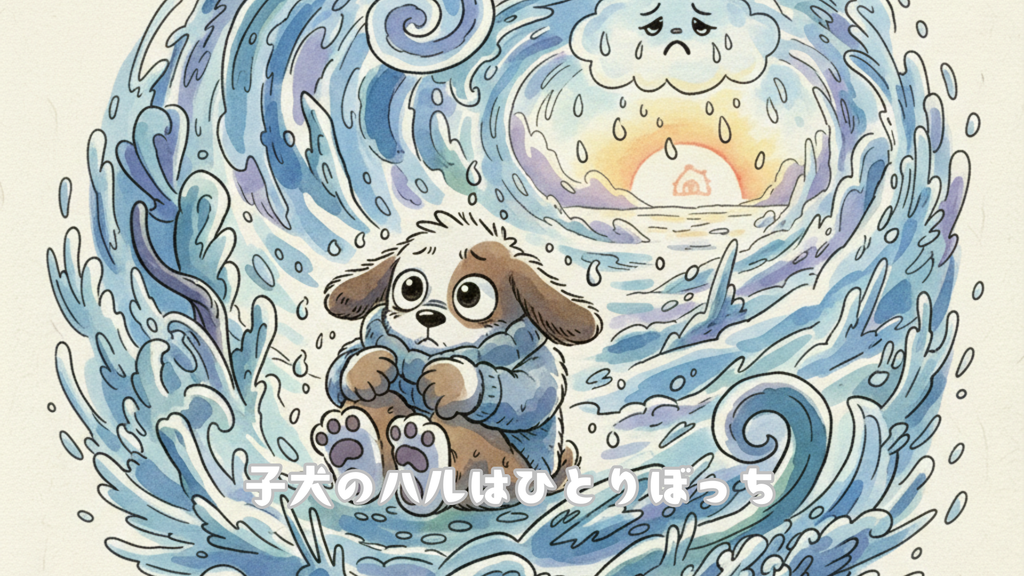 「ここはどこ？」
大好きなアカリちゃんの声も、落ち着くお家のにおいもしない・・

子犬のハルはひとりぼっち
さむくて寂しくてブルブルふるえています