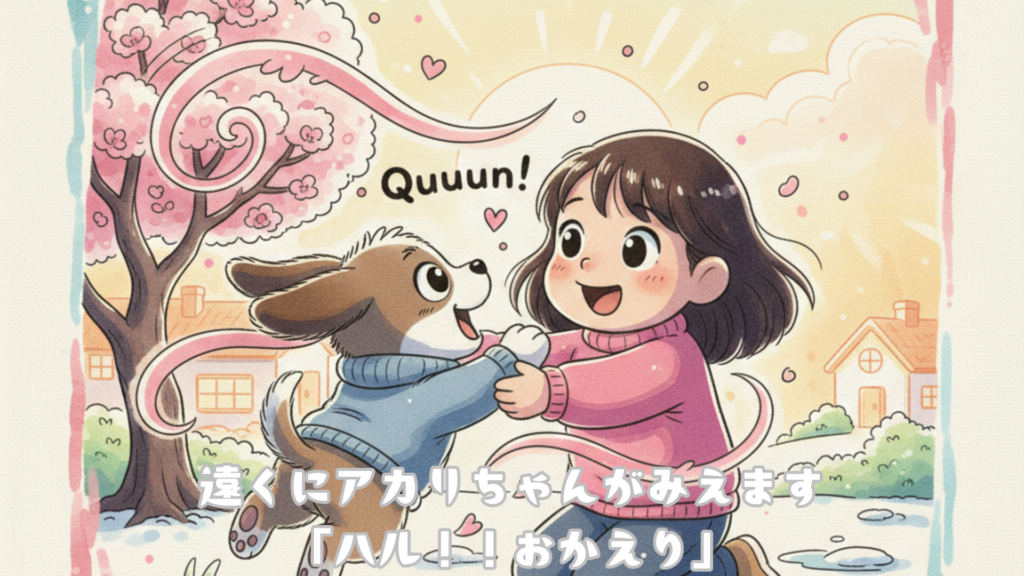 遠くにアカリちゃんがみえました
「ハル!!おかえり」
満面の笑顔でハルを迎えます
「クゥゥン」
甘えた声でアカリちゃんに駆け寄りました